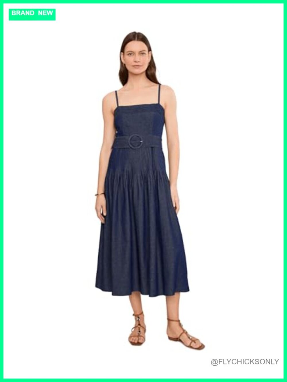 Pintucked Denim Midi Dress Square Neck Sleeveless Casual Going Out